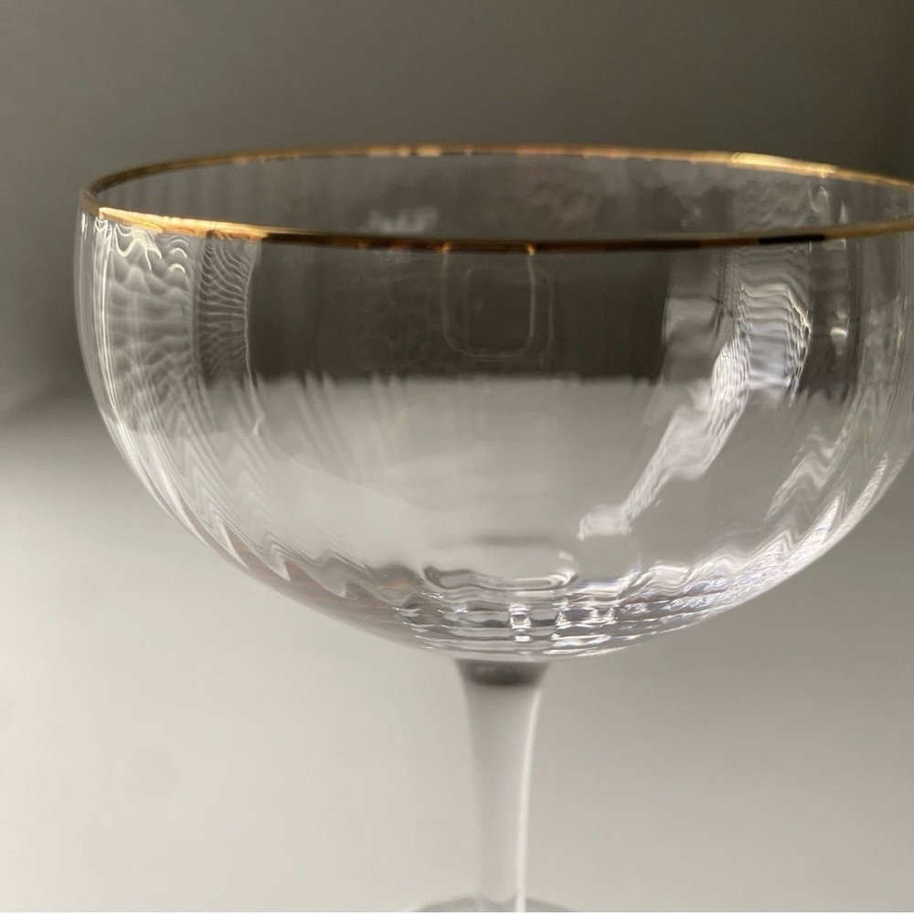 “World Market” Gold Rimmed Ribbed Coupe Glass - Picture 2 of 5